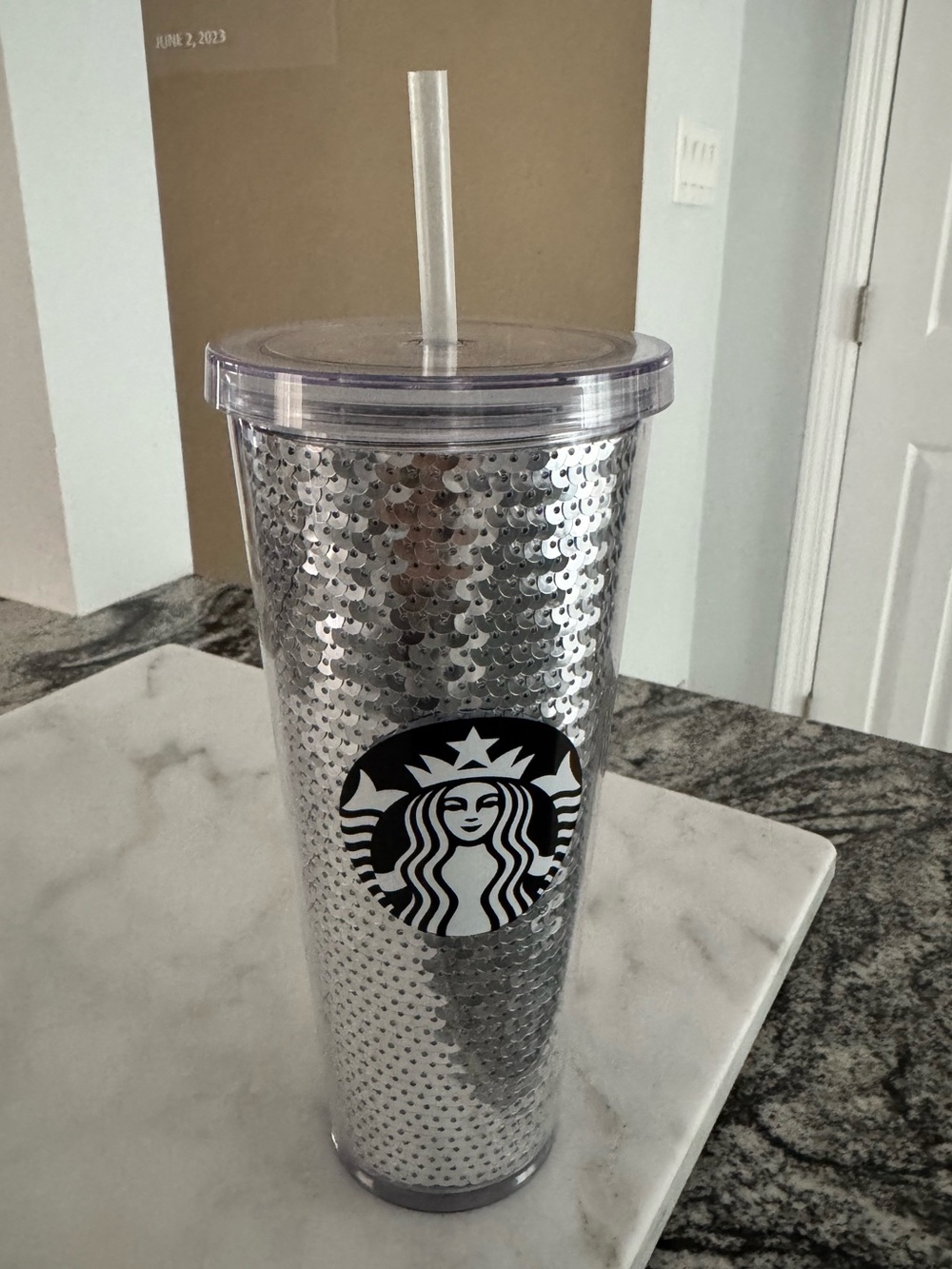 Starbucks Silver Sequin Tumbler with Clear Lid and Straw